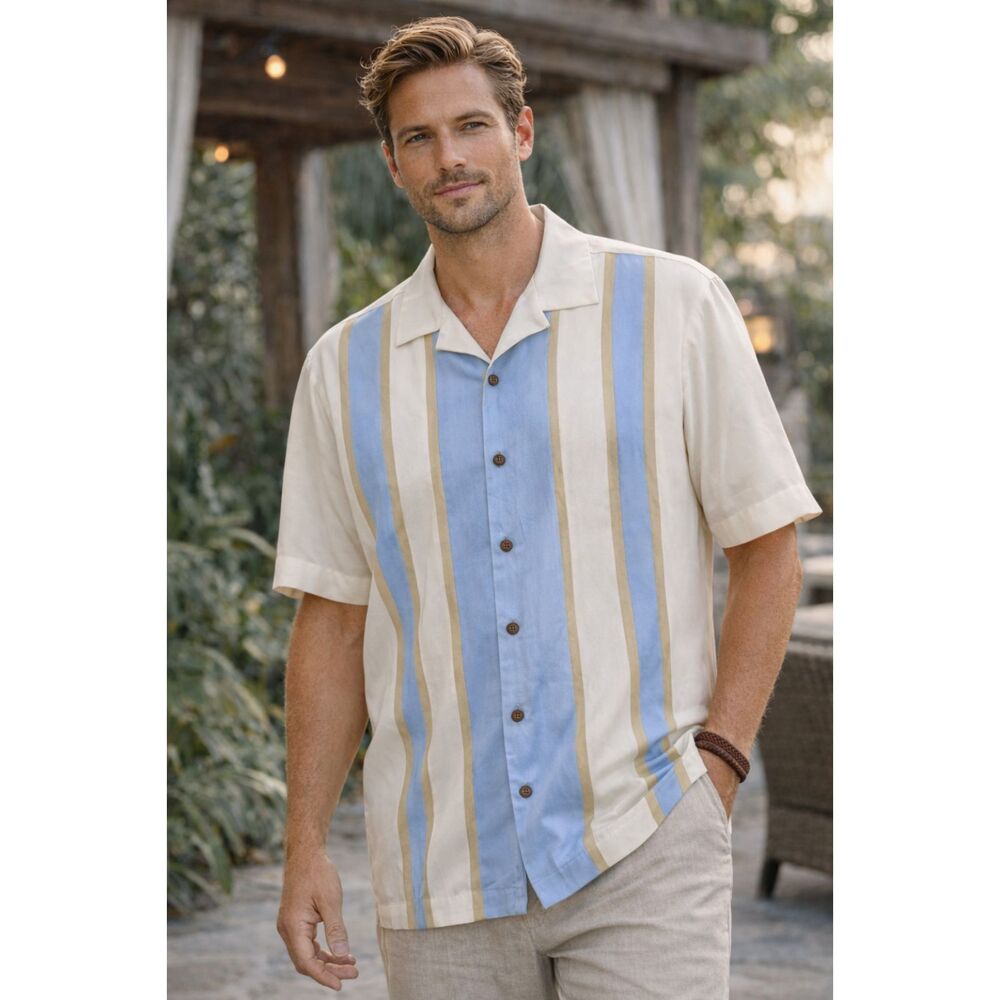 100% Silk Bowling Shirt XL Blue Stripe Camp Collar Pusser's West Indies